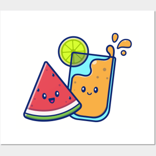 Cute Lemon Juice With Cute Watermelon Cartoon Posters and Art